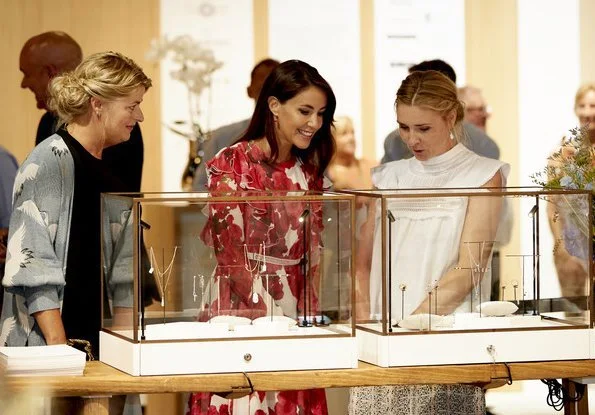 Princess Marie wore Giambattista Valli Rose print ruffled silk georgette dress for opening 2018 New Nordic Jewellery and Watch Fair