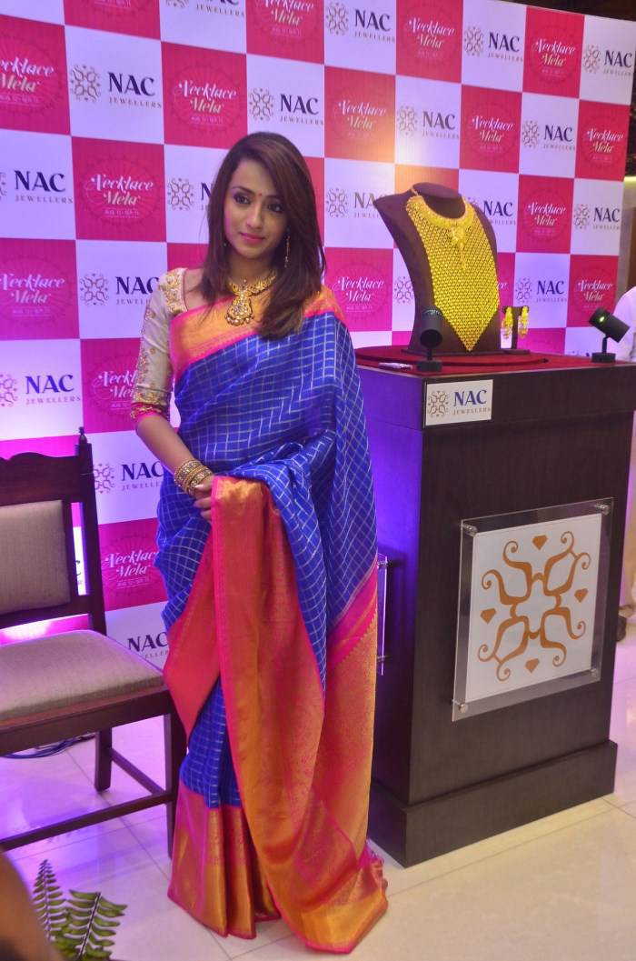 Actress Trisha Stills In Blue Saree At NAC Jewelry Inauguration