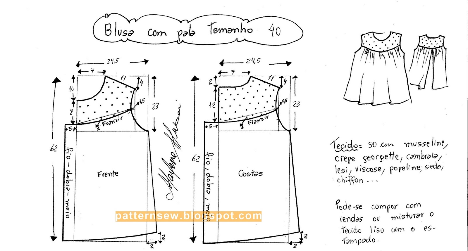 باترون بلوزة بالدانتيل مقاس 36 56 Pattern Sewing
