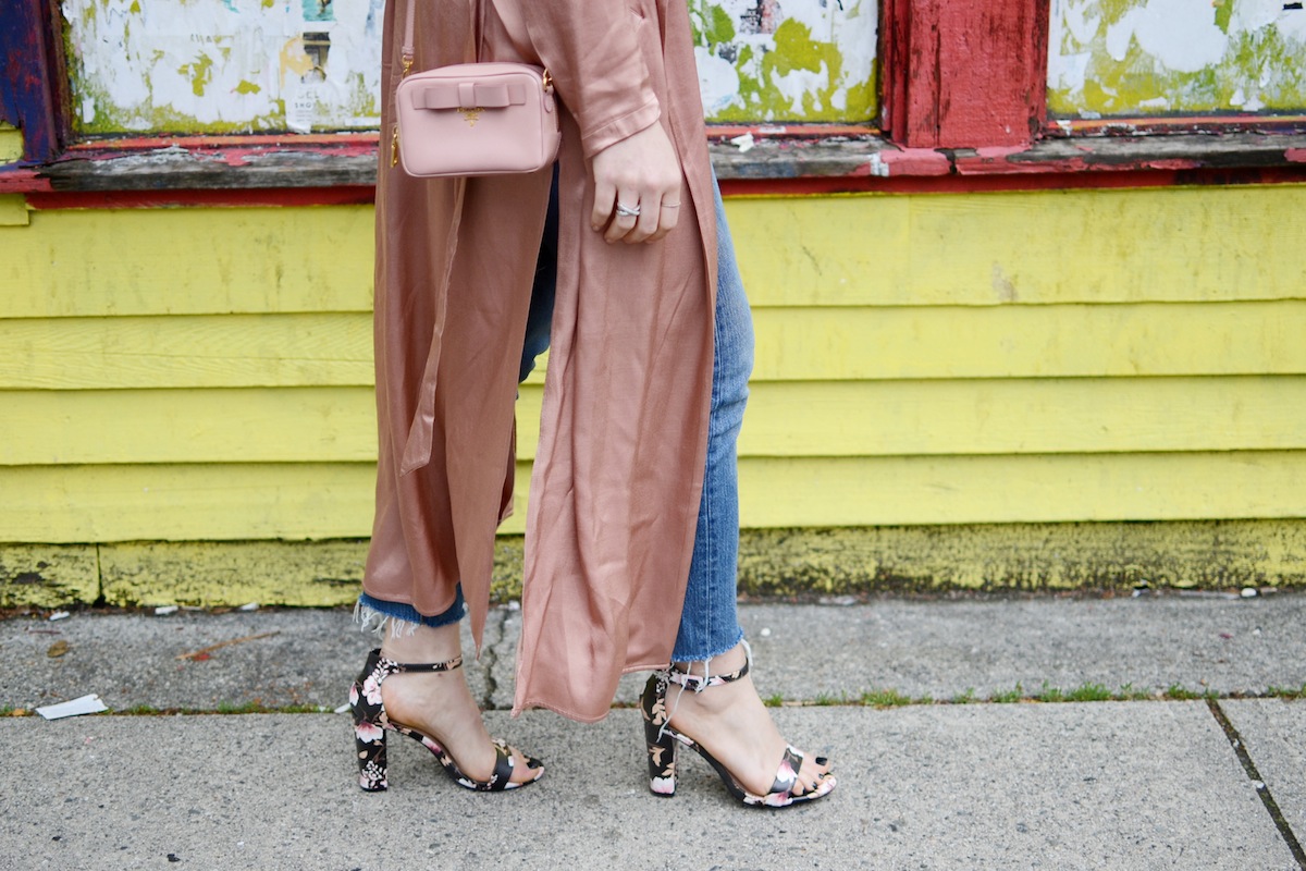 Rose duster coat levis wedgie jeans Le Chateau floral heeled sandals outfit vancouver blogger