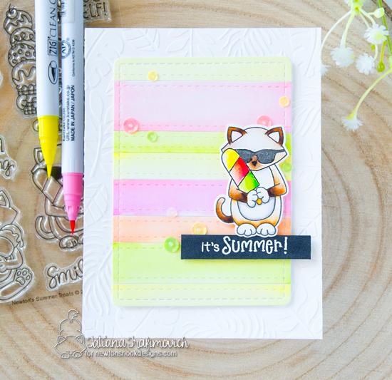 Popsicle and cat Summer card by Tatiana Trafimovich | Newton's Summer Treats Stamp Set and Tropical Leaves Stencil by Newton's Nook Designs #newtonsnook #handmade