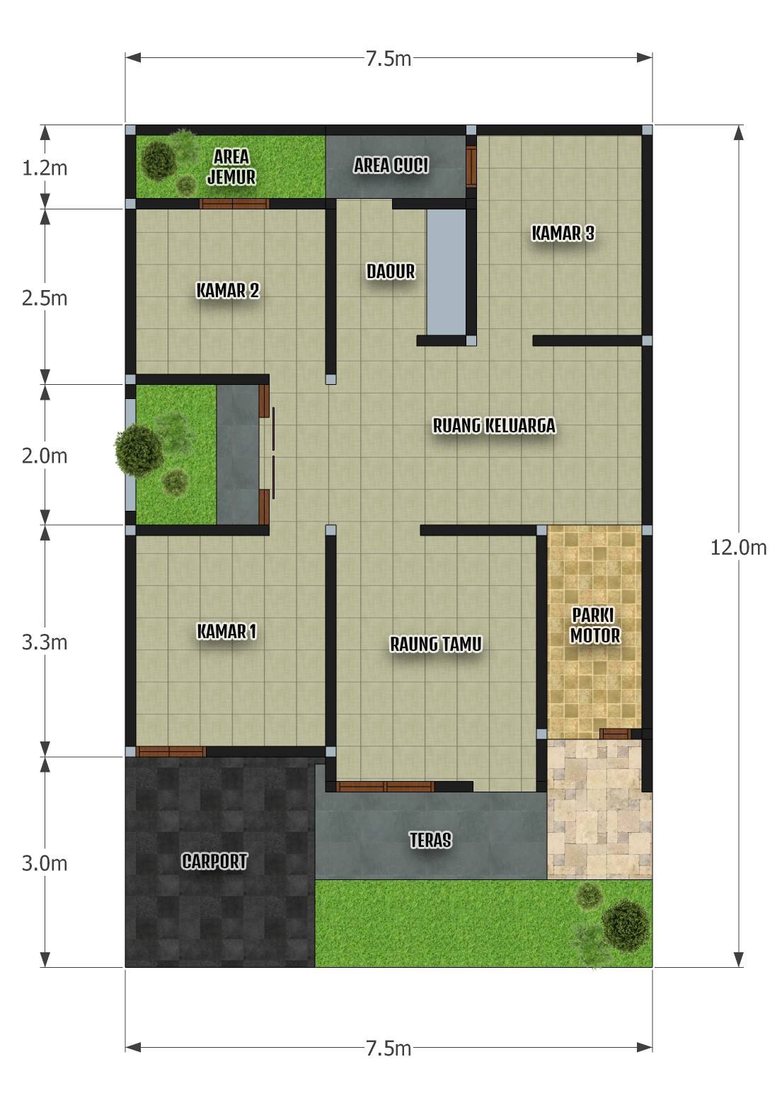 44 Desain rumah 3 kamar tidur ukuran 9x12