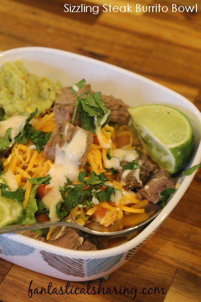 Sizzling Steak Burrito Bowl // Will your burrito bowl be loaded with the works or plain Jane? You decide! #recipe #maindish #burritobowl #steak #beef