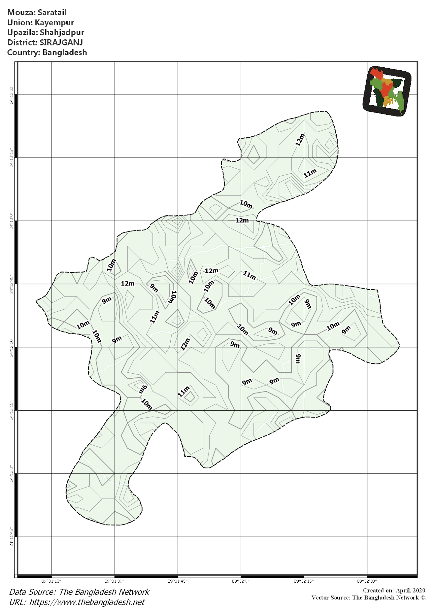 Map of Saratail Mouza of Shahjadpur Upazila, SIRAJGANJ, Bangladesh.