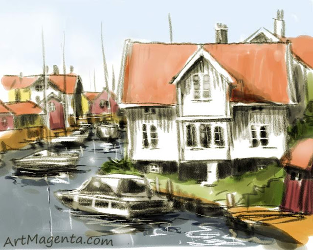Small houses in a small harbor is a sketch by artist and illustrator Artmagenta