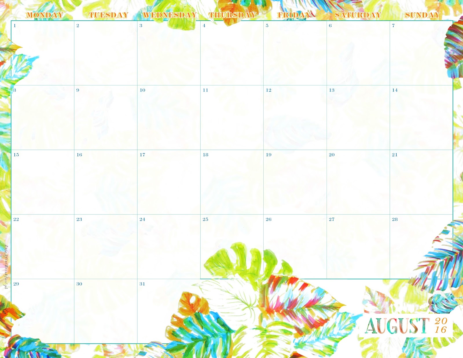 August 2016 Printable Calendar - Life After Breakfast