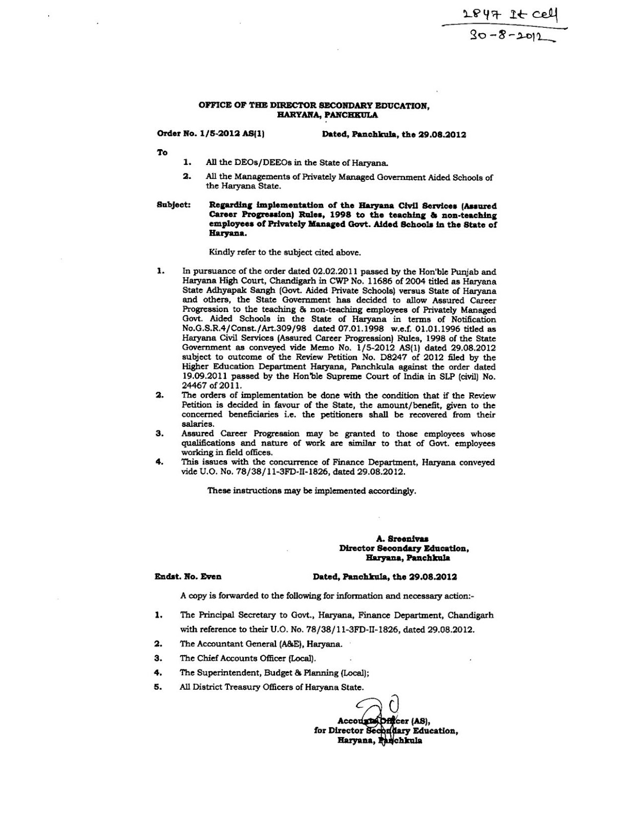 Regarding implementation of the Haryana Civil Services (Assured Career