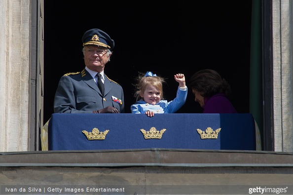  King Carl Gustaf XVI and Princess Estelle are seen during the celebration of the King's birthday at Palace Royale on April 30, 2015 in Stockholm, Sweden