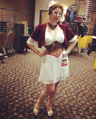 Gail Carriger In White & Wine At Steampunk Worlds Fair 2017