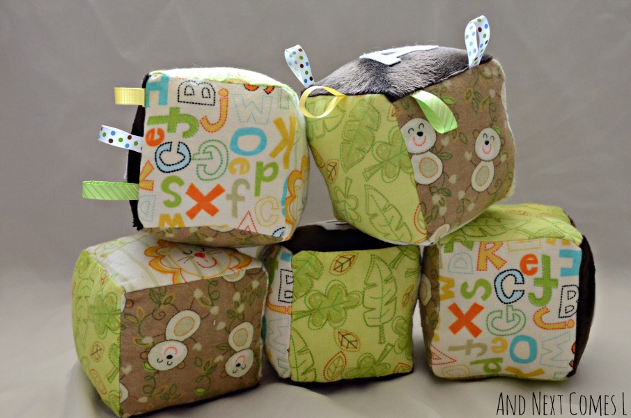 Homemade baby gift idea: fabric blocks for baby that rattle and jingle from And Next Comes L