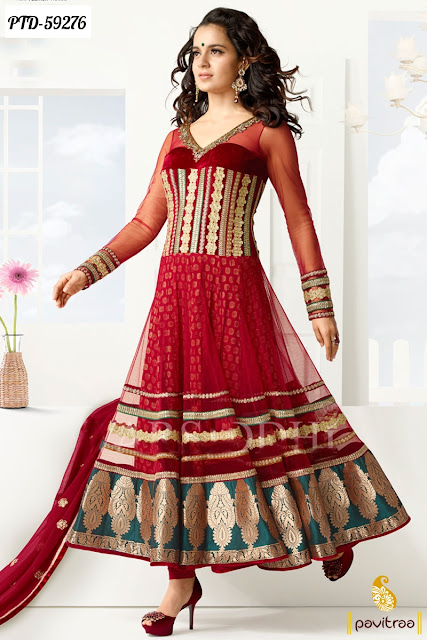 Bollywood Actress Celebrity Kangana Ranaut Wedding Wear Red Net Anarkali Salwar Suit Online Shoppinh with Discount Offer at Pavitraa.in