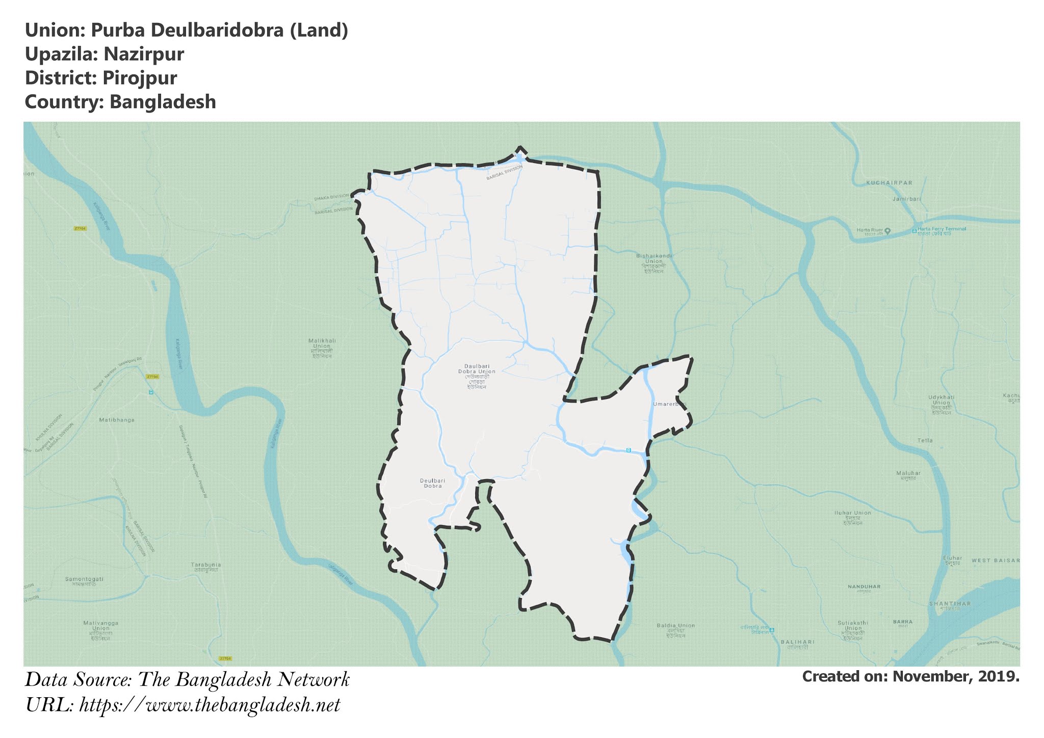 Map of Purba Deulbaridobra of Pirojpur, Bangladesh.