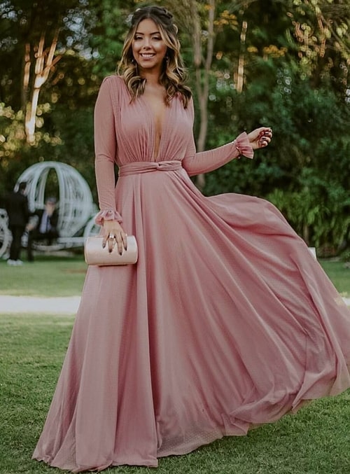 vestido de madrinha rose com manga