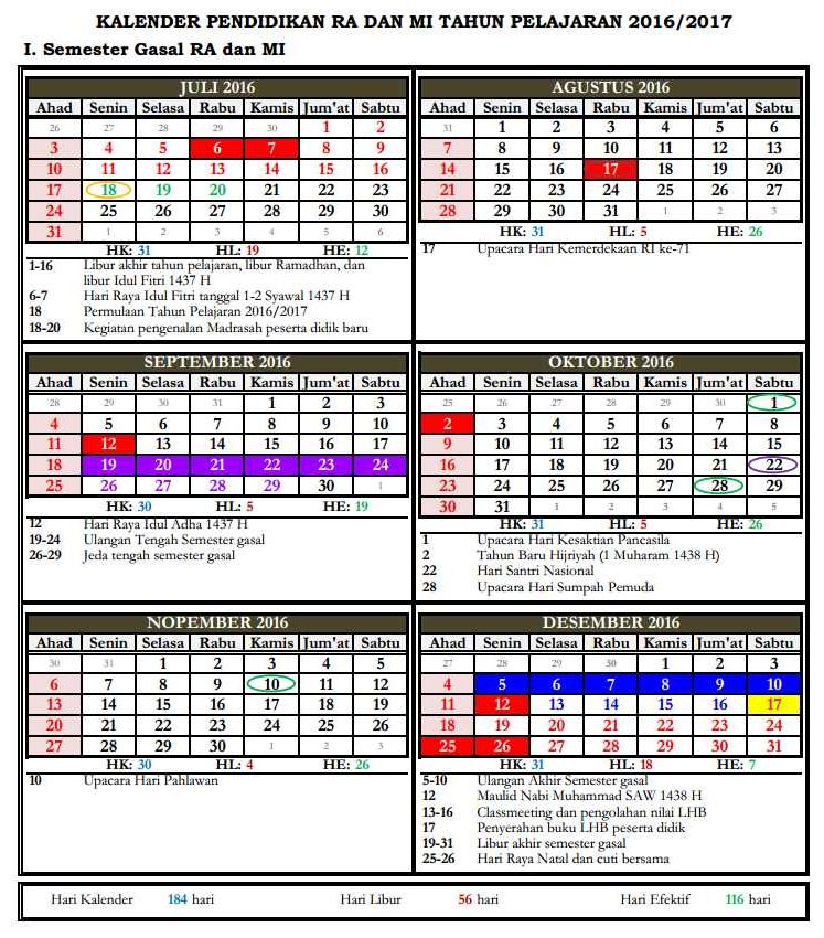 Kalender Pendidikan Madrasah Tahun Pelajaran 2016/2017 MI Kalimulyo