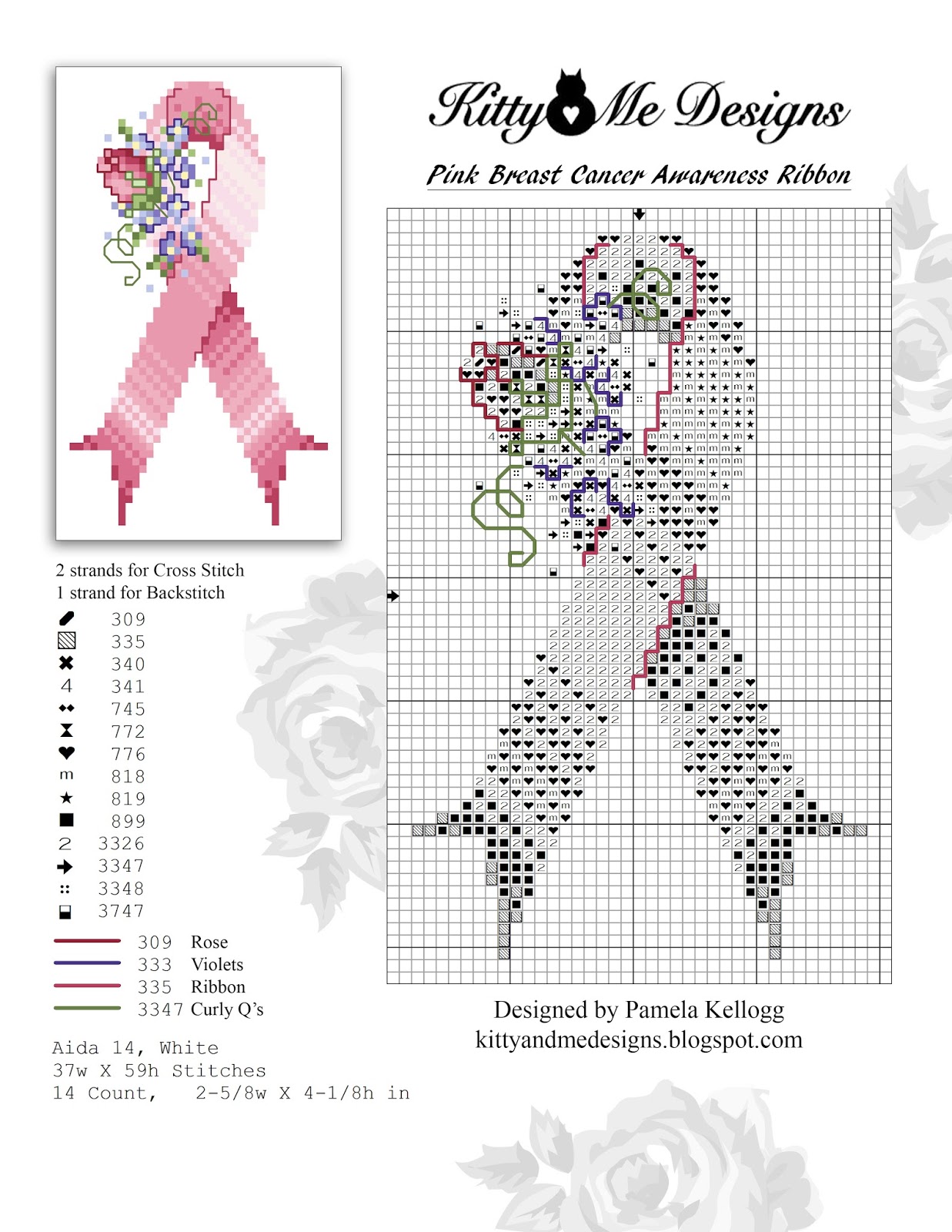 Kitty And Me Designs Cross Stitch Breast Cancer Awareness Ribbon