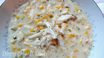 A nicely seasoned chicken stock based chowder made with a small roux,     sauteed veggies, potatoes, corn, half and half and sweet blue crab.