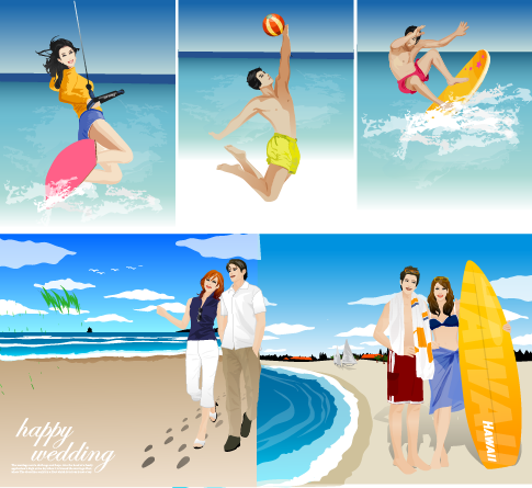 verano y playa escenas - vectores