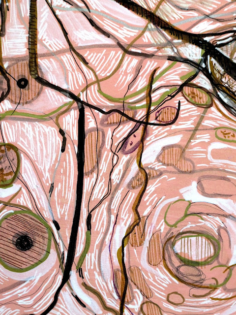 This is a detail of the drawing that features nests juxtaposed with Neurons by artist Dawn Hunter.