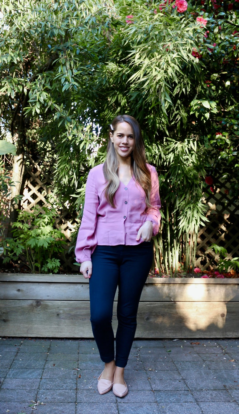 Jules in Flats - V Neck Top with Buttons and Pearl Hair Pin (Business Casual Spring Workwear on a Budget)