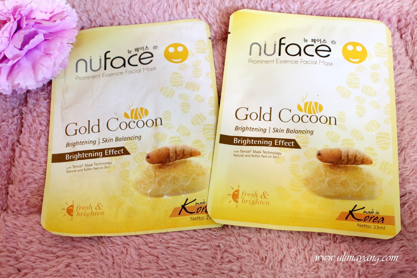 Download Uli Mayang Review Nuface Prominent Essence Facial Mask Gold Cocoon Brightening Effect PSD Mockup Templates