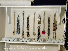 Jewelry organized in linen closet :: OrganizingMadeFun.com