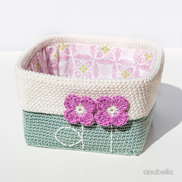 Square based crochet basket with tiny spring flowers by Anabelia Craft Design