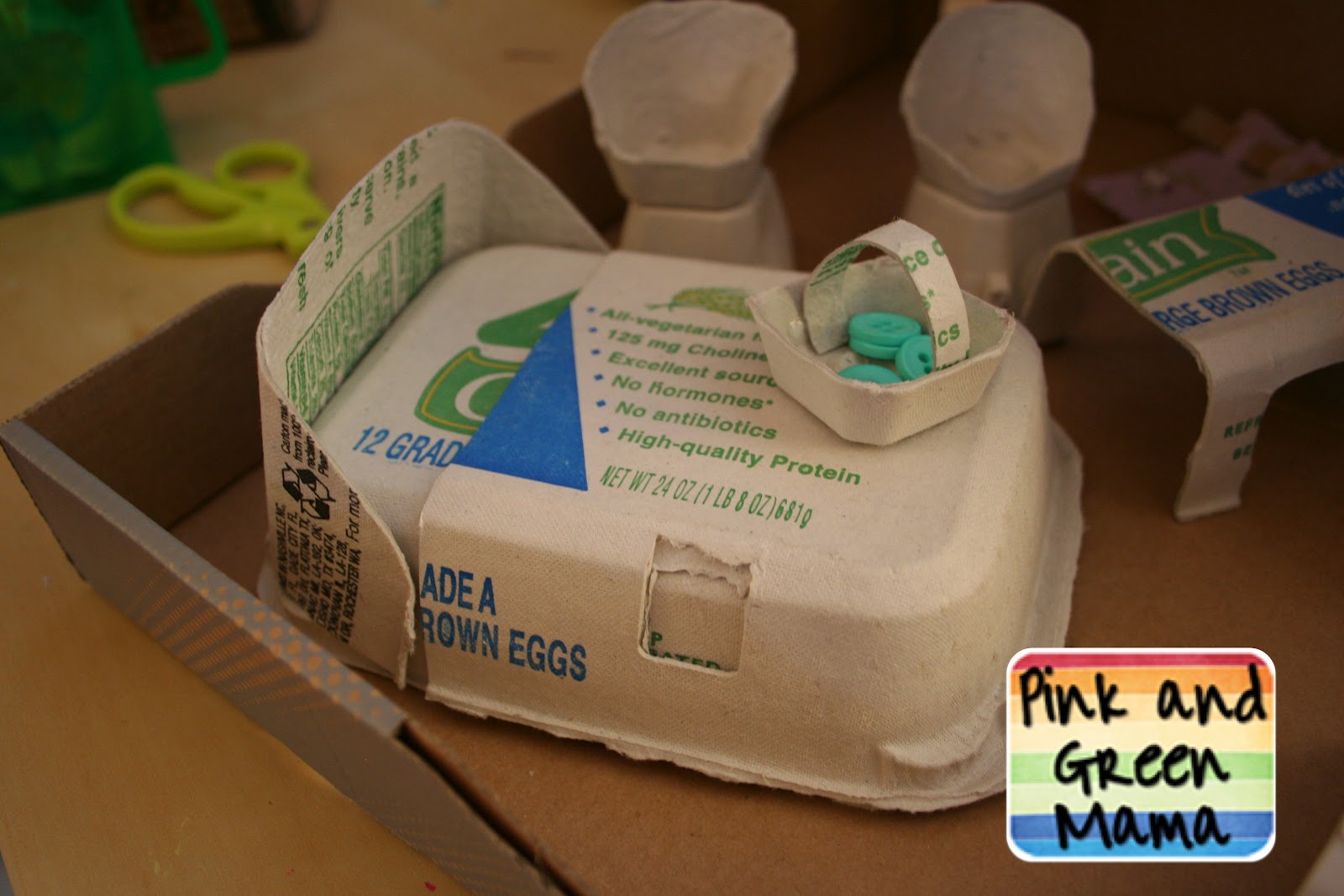 Pink and Green Mama * Cardboard Shoe Box Play House With Egg Carton