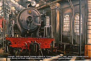 plein air oil painting of the heritage steam locomotive "18" at the Large Erecting Shop, Eveleigh Railway workshops by industrial heritage artist Jane Bennett