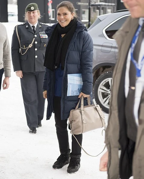 Crown Princess Victoria attend National Conference at Högfjällshotell in Sälen. Af Klingberg rakel boots, blue blazer