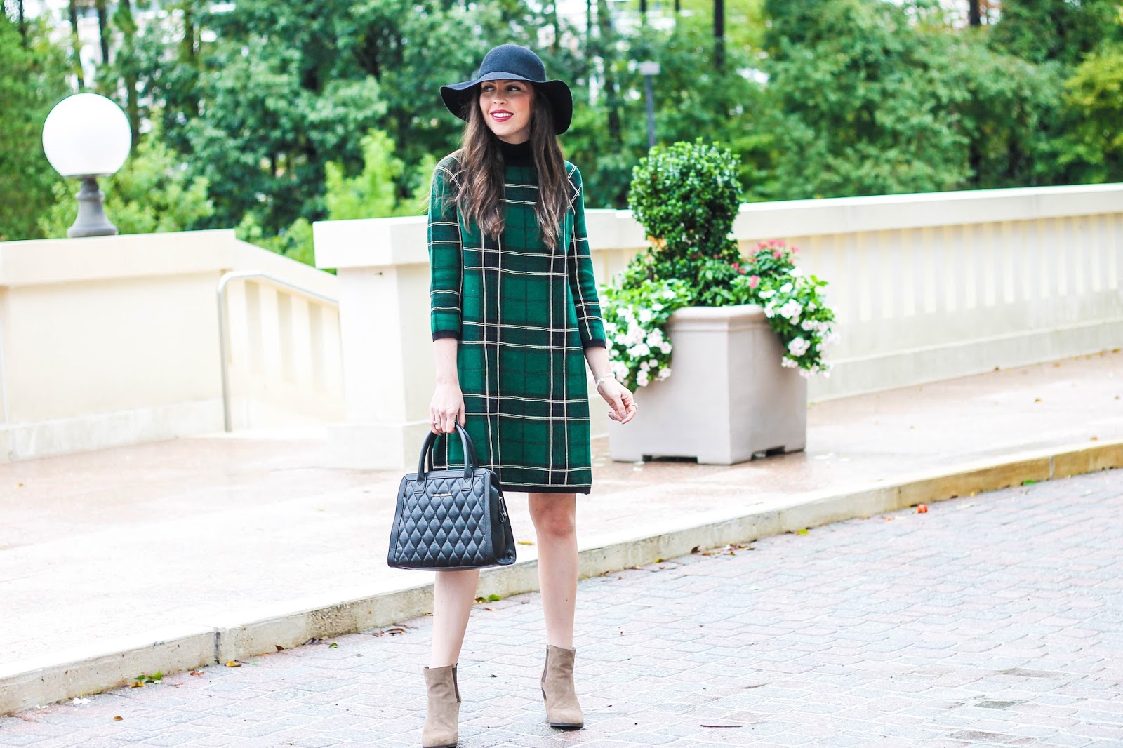 plaid sweater dress, fall outfit, fall style, asos plaid turtleneck dress, dark green dress, tan suede booties, sole society, ASOS, Vera Bradley, quilted leather satchel, black floppy hat, winter outfit, trends for fall, fashion blogger, raleigh, north carolina blogger