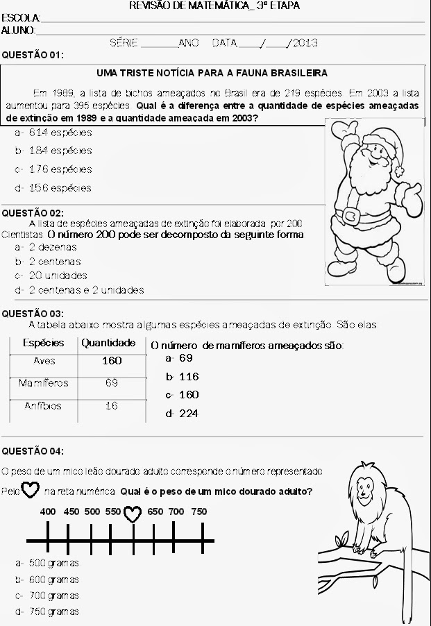 MUNDO ENCANTADO: ATIVIDADES DE REVISÃO DE MATEMÁTICA-3º ANO