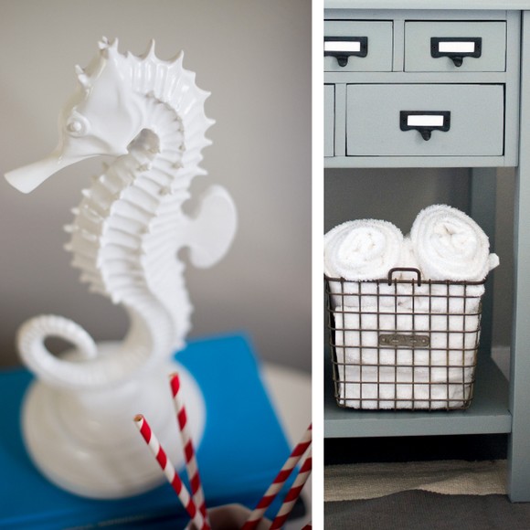 The seahorse decor adds a beach element to the guest room. 