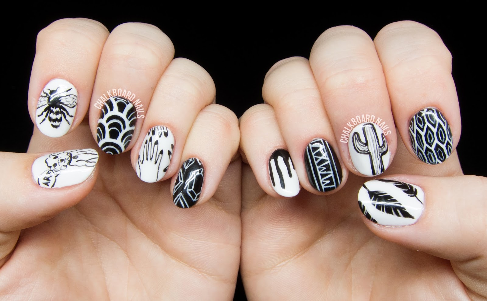 Freehand black and white nail art @chalkboardnails