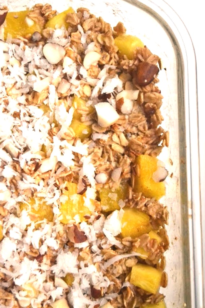 This Piña Colada Baked Oatmeal will remind you of a tropical vacation and is healthy and filling! Prep ahead of time and bake in the morning. www.nutritionistreviews.com