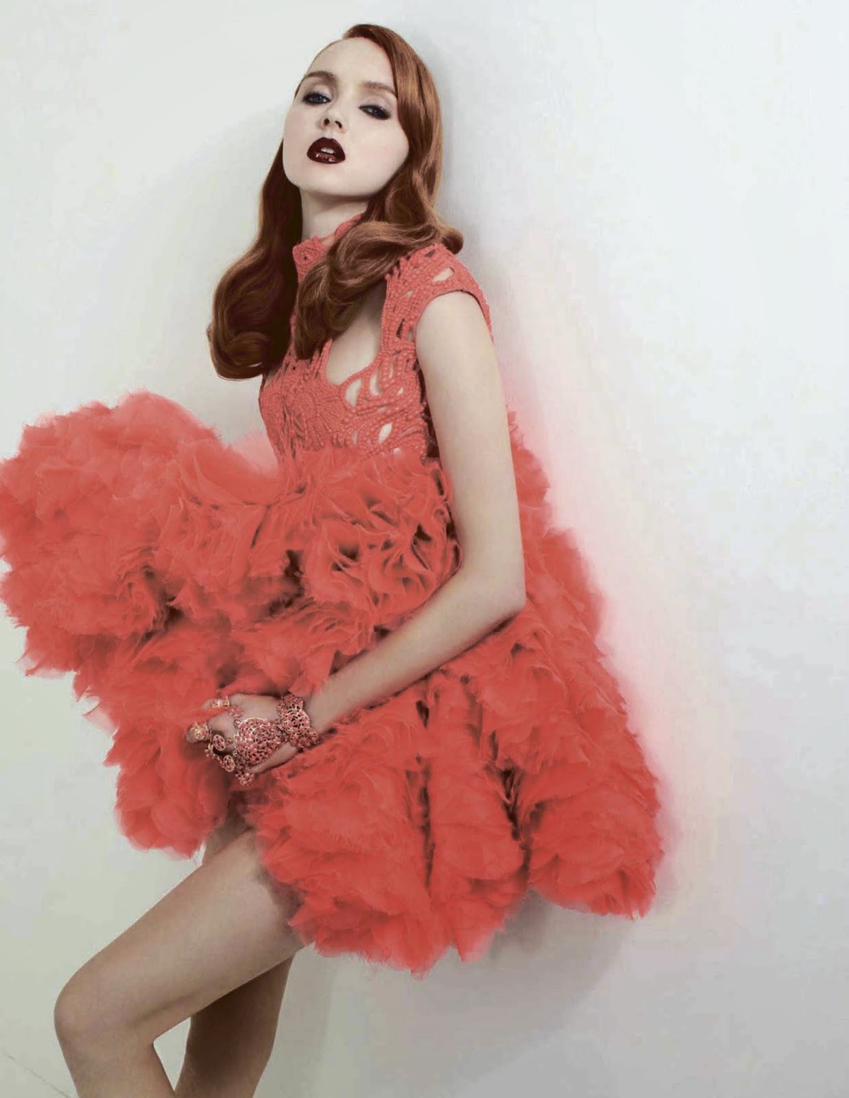 British supermodel Lily Cole in red dress