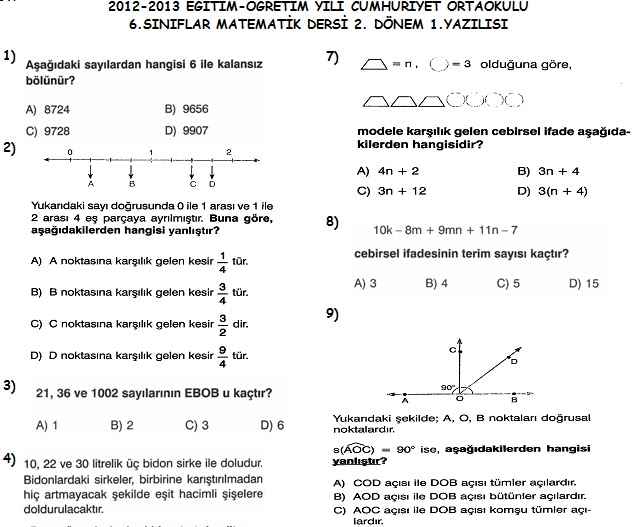 6. Sinif Matematik 2. Dönem 1. Yazılı Soruları 2013 - Ders ve Çalışma