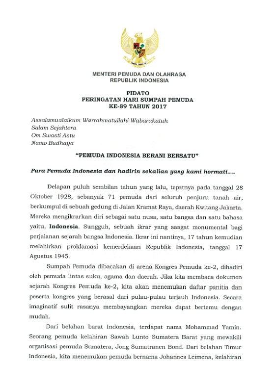 Sambutan Menpora / Pidato Peringatan Hari Sumpah Pemuda Ke 89 Tahun