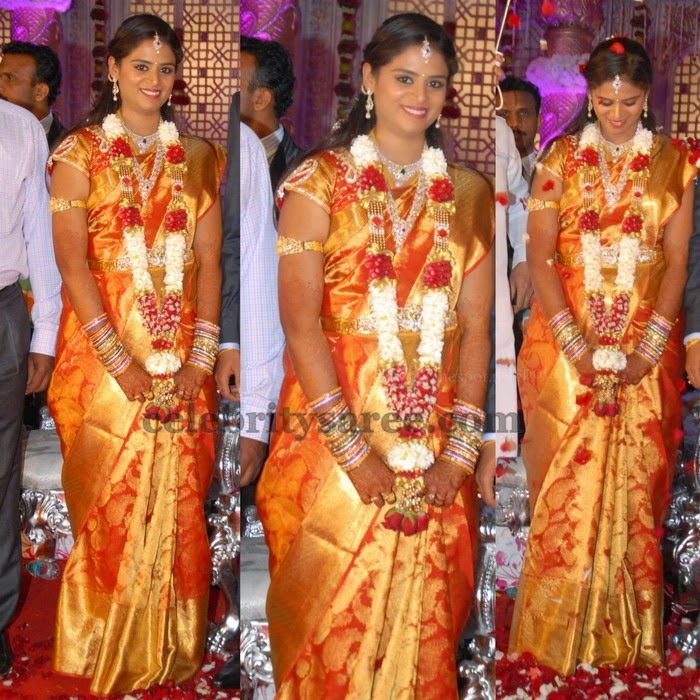 Bride in Gold and Red Shade Sari - Saree Blouse Patterns