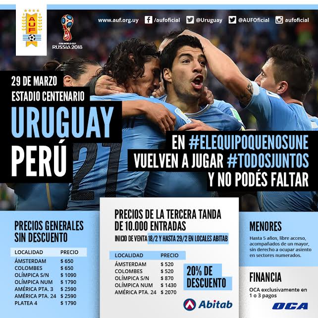 Futbol Uruguayo Entradas para Uruguay vs Perú Eliminatorias del 25 de