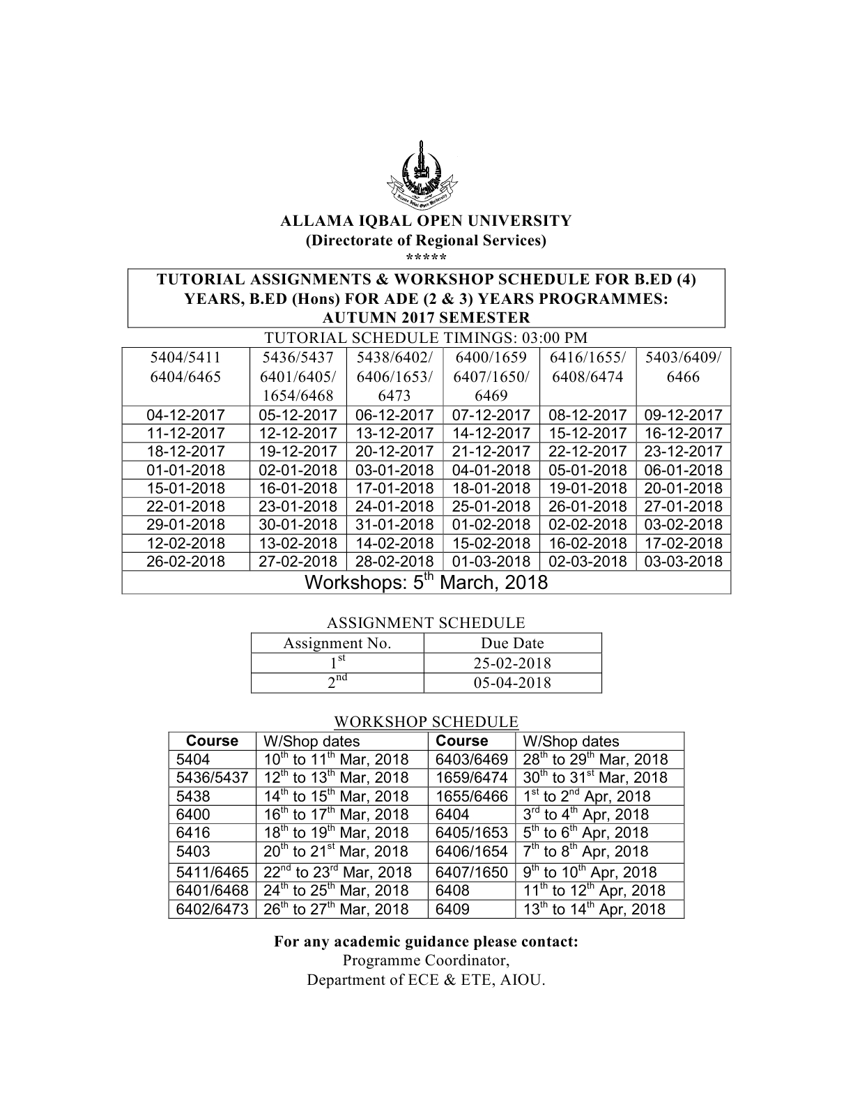 assignment schedule