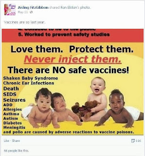 FitzGibbon says "Vaccines are so last year" while sharing an image spreading preposterous bullshit about vaccines causing polio, other diseases, death.