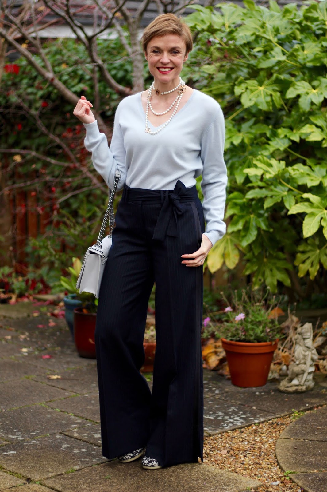 Navy Wool Man Trousers and Ice Blue Cashmere | Work Outfit | Fake Fabulous