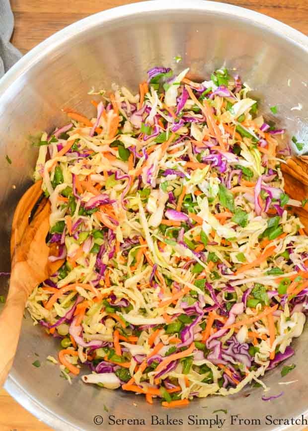 Asian Coleslaw with a sesame seed vinaigrette is the perfect topping for Slow Cooked Korean Pulled Beef Sliders from Serena Bakes Simply From Scratch.
