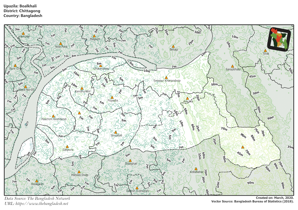 Boalkhali Upazila Elevation Map Chittagong District Bangladesh