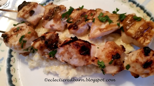 Eclectic Red Barn: Peanut Chicken Skewers with Cauliflower Grits