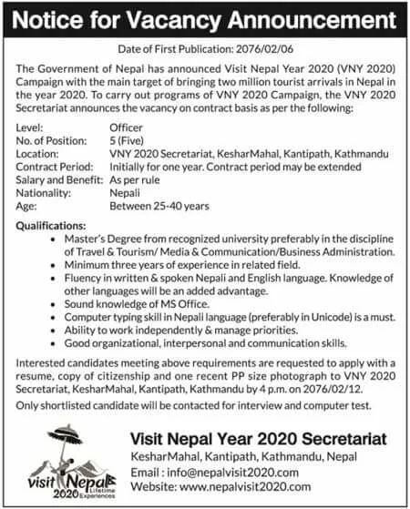 Vacancy Notice for Visit Nepal Year 2020