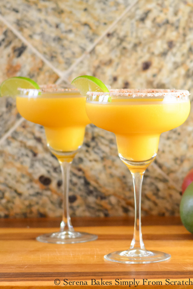 A pitcher of Mango Margaritas from Serena Bakes Simply From Scratch.