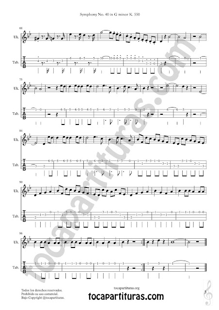 Hoja 3 Ukelele Tablatura y Partitura de Sinfonía Nº 40 Punteo Tablature Sheet Music for Ukelele Tabs Music Scores   PDF y MIDI aquí