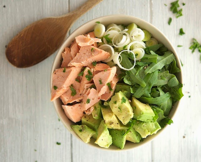 Salmon, Avocado and Arugula Salad with Lemon-Parsley Dressing