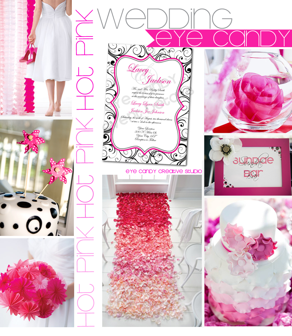 pink streamers, damask invite, pink pinwheels cake topper, sundae bar sign, hot pink wedding